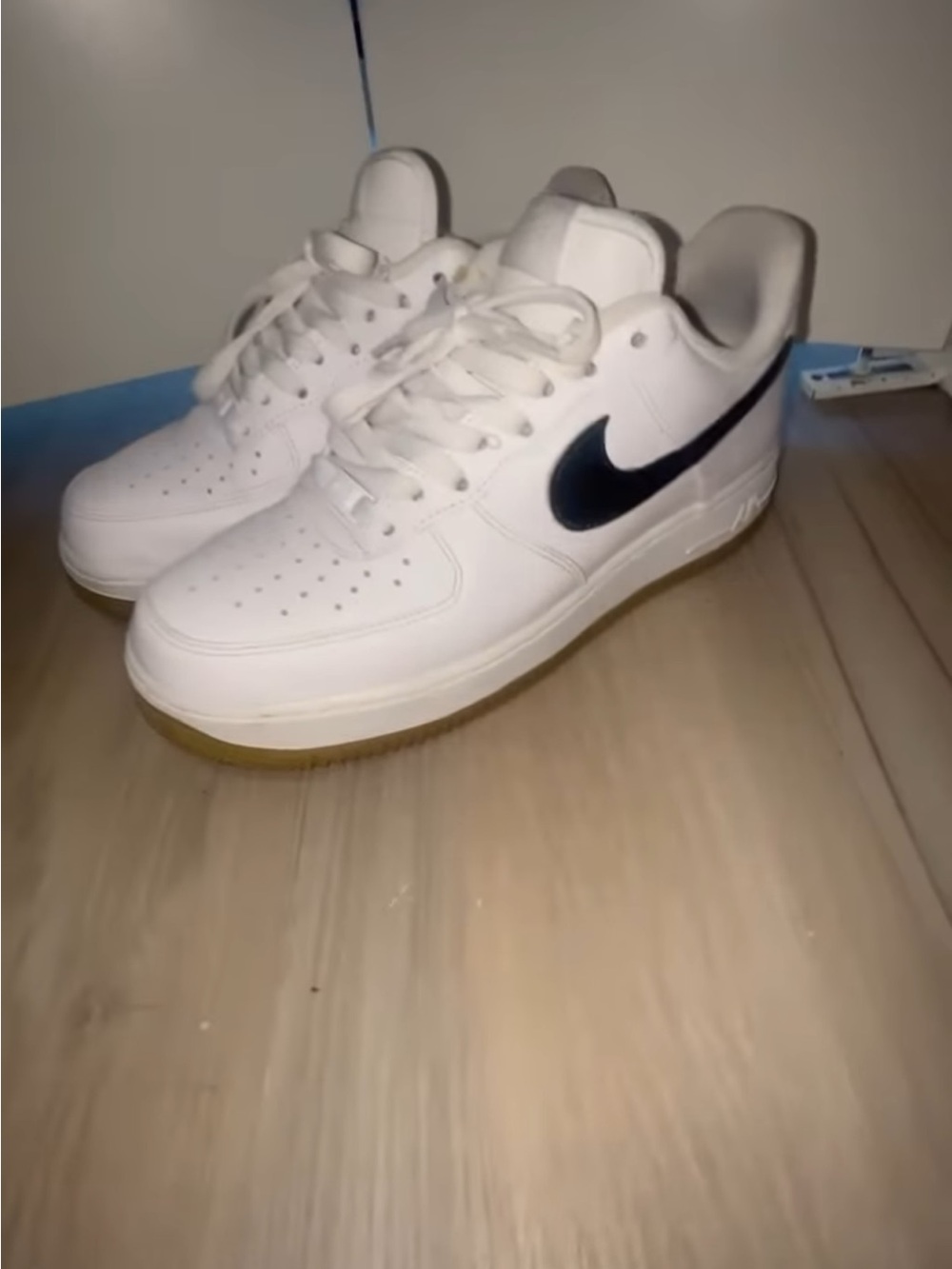 Nike White Low-Top Air Force ones custom Black Swoosh and Gum Sole